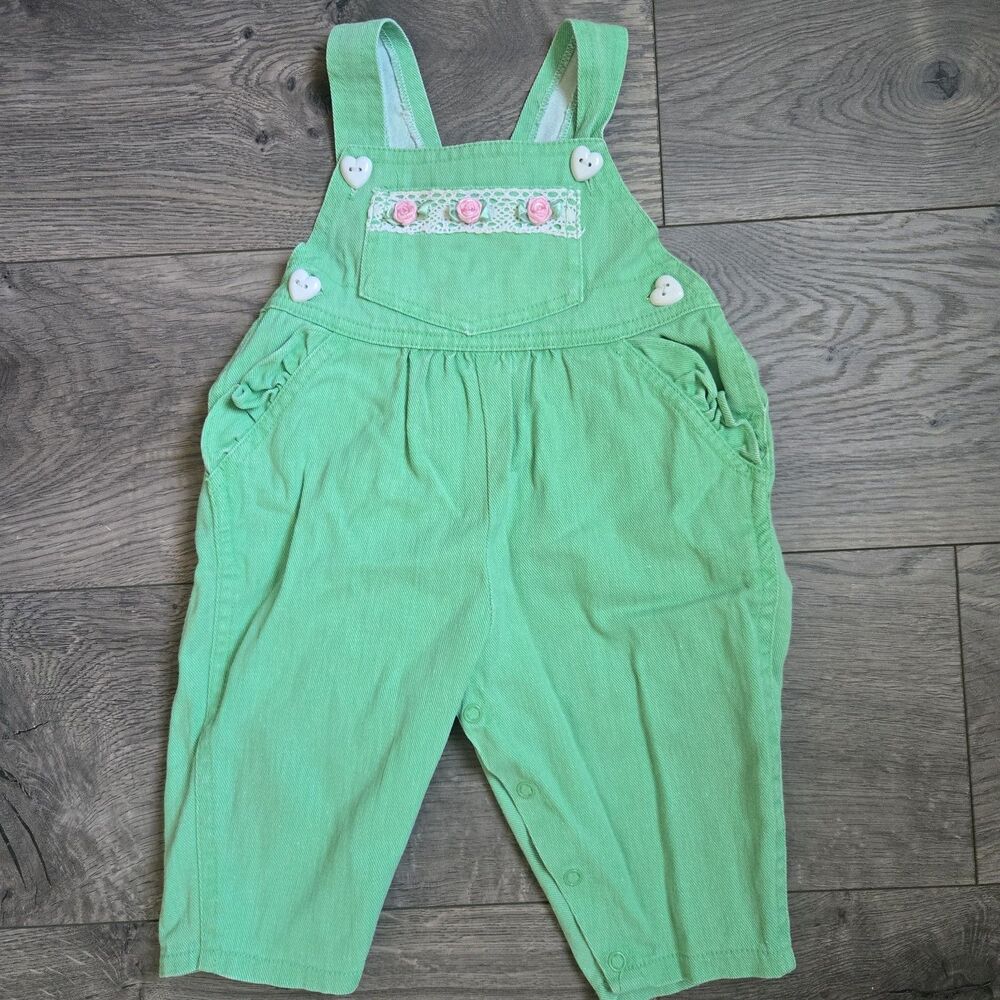 Vintage Hopscotch Mint Green Overalls 12M Heart Button Cottagecore Floral Lace